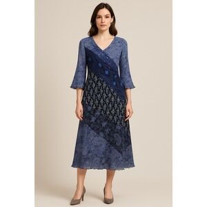 Vintage Eva Blue Patchwork Dress L Paisley‎ Floral Beaded Lettuce Edge Boho